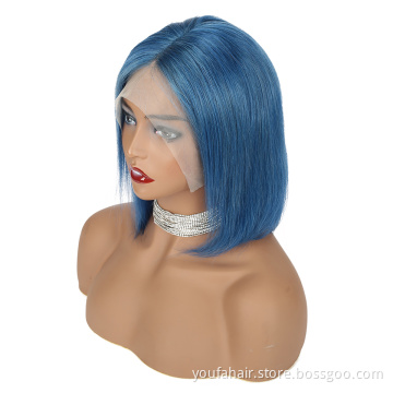 Top Selling Brazilian Hair Ombre Color Blue HD Lace Front Short Bob Wig Virgin Human Hair Bob Wigs 8 Inch Closure Short Bob Wigs